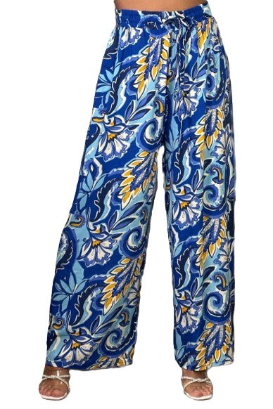 Ladies' wide leg palazzo trousers with bold blue floral and paisley print – lightweight elasticated waist summer pants